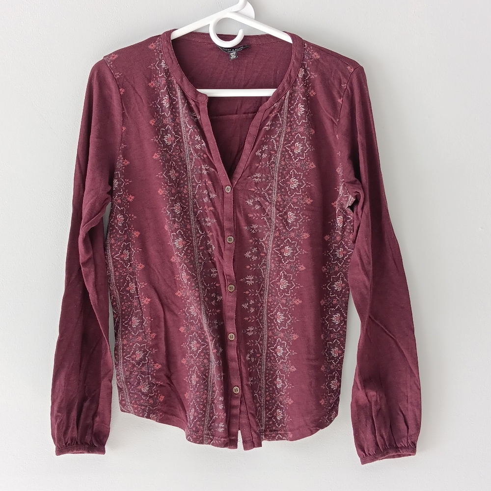 Lucky Brand Long-Sleeved Cotton Blend V-Neck Shirt Floral Purple White Medium - Picture 5 of 14